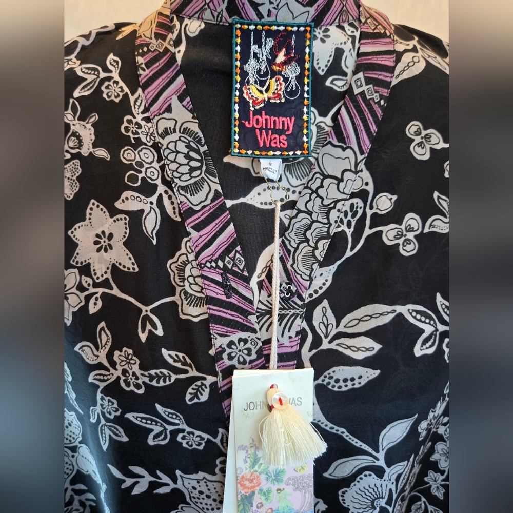 Johnny Was Black Floral Fringe Top